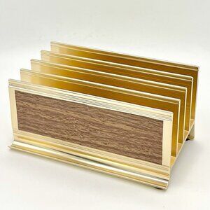 Vintage MCM Vernadium Gold Tone Metal Letter Sorter w/ Woodgrain Desk Organizer